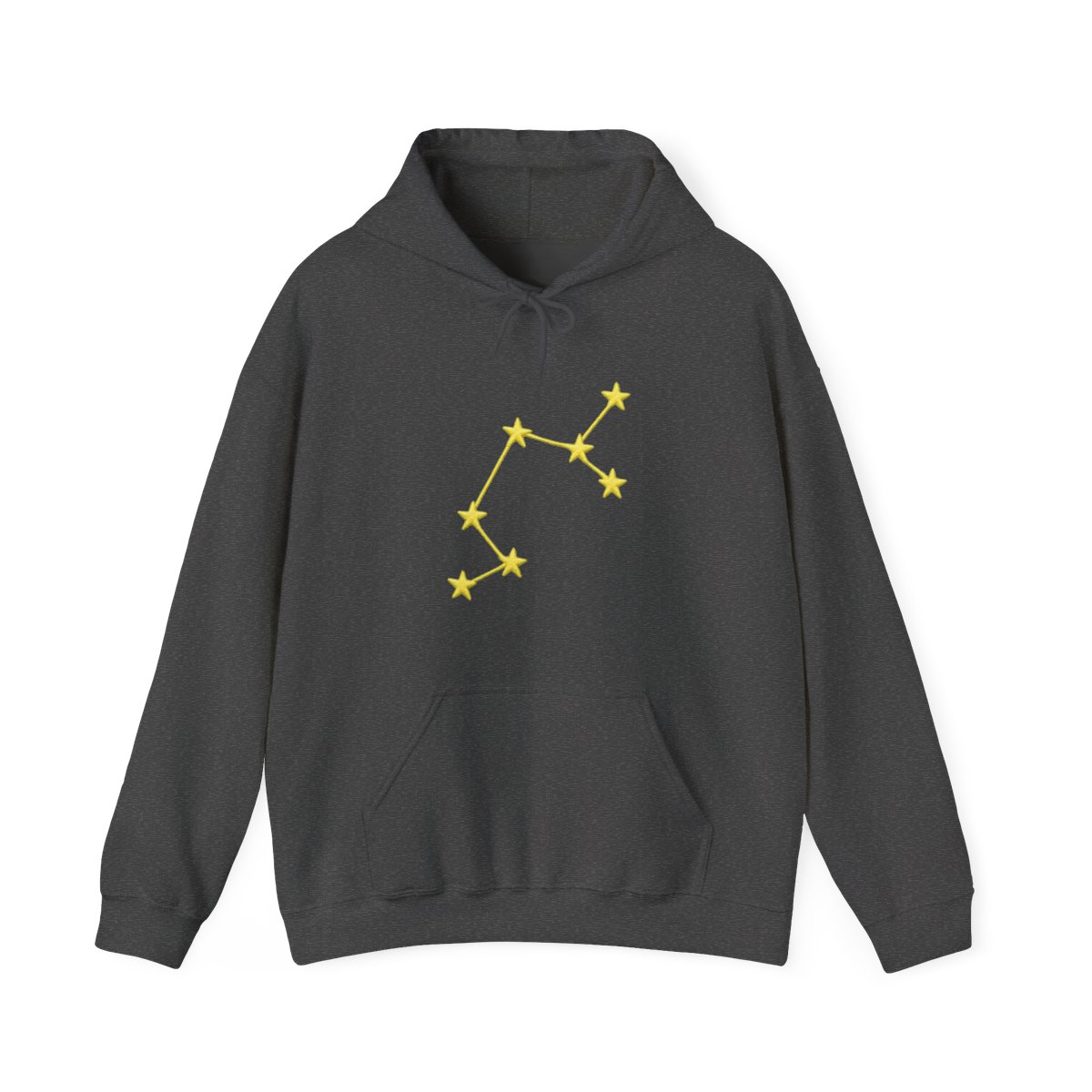 A light green hoodie with a yellow embroidered constellation design on the left sleeve. The hoodie has a ribbed cuff and a relaxed fit. The person is wearing dark gray pants. - alternate angle 5, merchandise