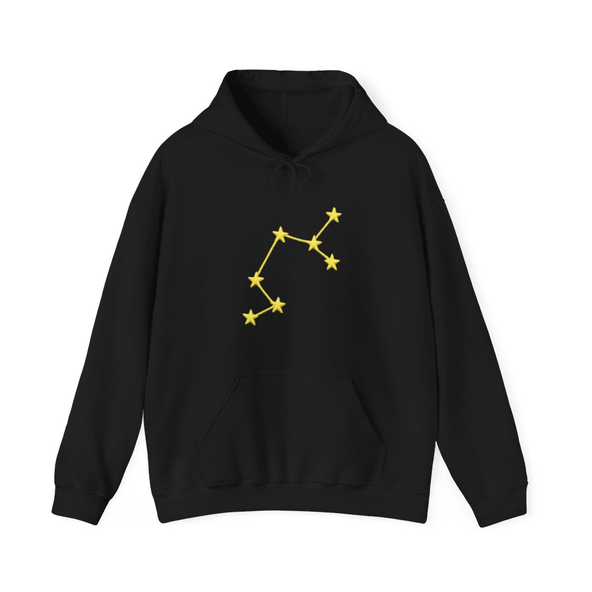A light green hoodie with a yellow embroidered constellation design on the left sleeve. The hoodie has a ribbed cuff and a relaxed fit. The person is wearing dark gray pants.