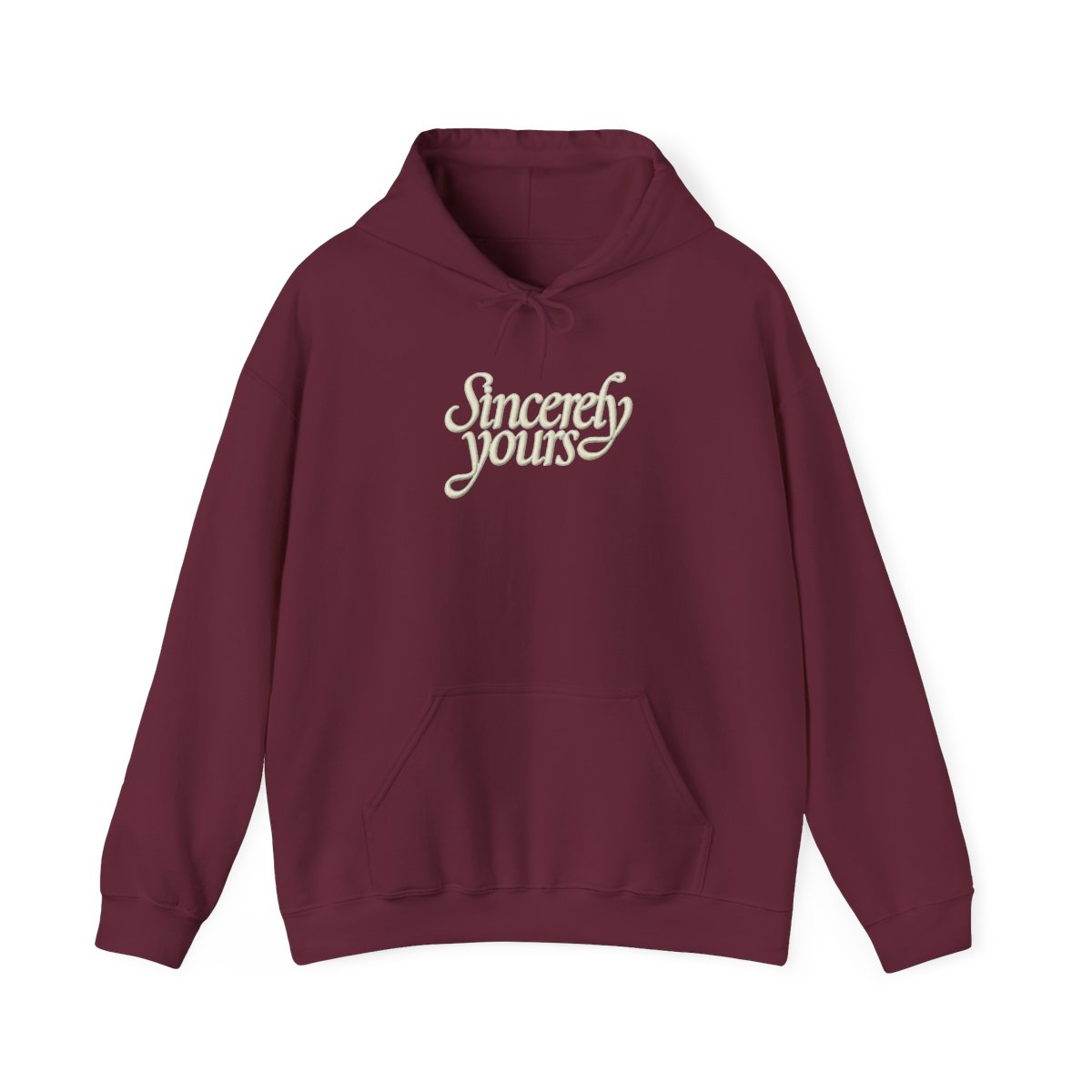 A light green hoodie with a kangaroo pocket and a drawstring hood. The phrase "Sincerely yours" is in a cursive font across the chest. The hoodie is made of a soft material