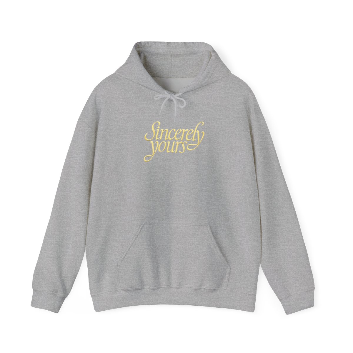 A light gray hoodie with a kangaroo pocket and a hood. The words "Sincerely yours" are in a cursive, yellow font across the chest. The hoodie is made of a soft material - alternate angle 2, merchandise