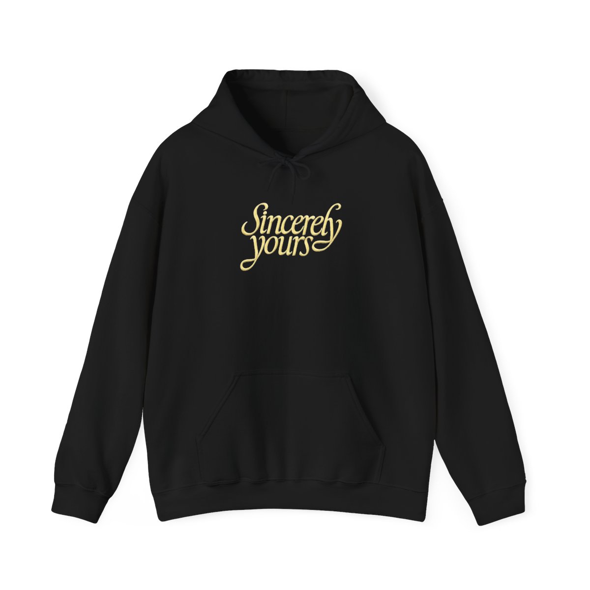 A light gray hoodie with a kangaroo pocket and a hood. The words "Sincerely yours" are in a cursive, yellow font across the chest. The hoodie is made of a soft material - Official Hoodies merchandise