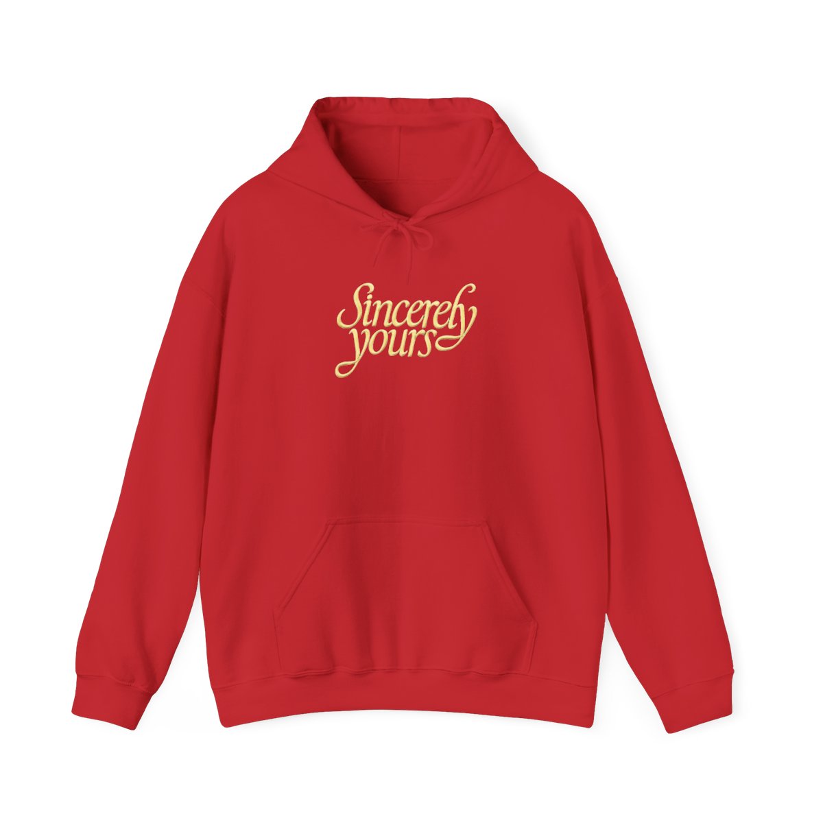 A light gray hoodie with a kangaroo pocket and a hood. The words "Sincerely yours" are in a cursive, yellow font across the chest. The hoodie is made of a soft material - alternate angle 5, merchandise