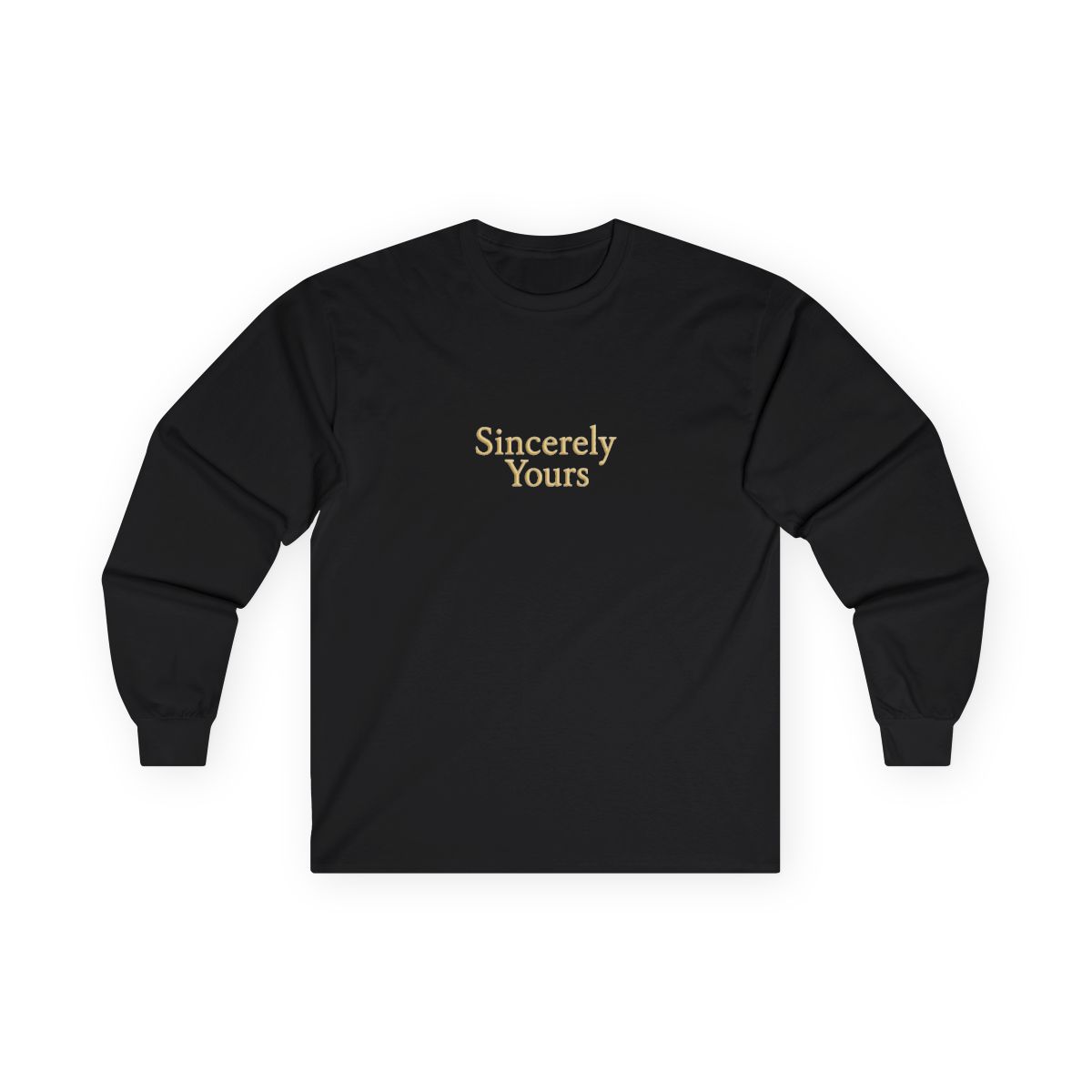 A pale yellow hoodie with the text "Sincerely Yours" across the chest. The hoodie has a hood and long sleeves. A small patch is visible on the left sleeve