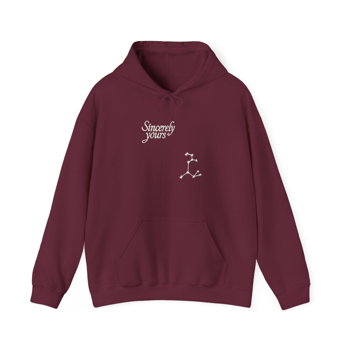 A pale blue hoodie with a front pocket and a hood. The text "Sincerely yours" is printed on the front. A constellation design is on the left sleeve - alternate angle 4, merchandise