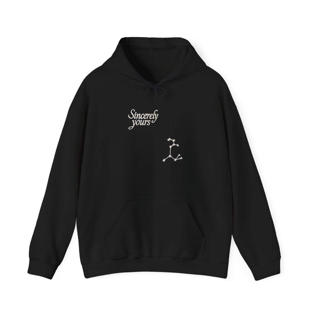 A pale blue hoodie with a front pocket and a hood. The text "Sincerely yours" is printed on the front. A constellation design is on the left sleeve - Official Hoodies merchandise