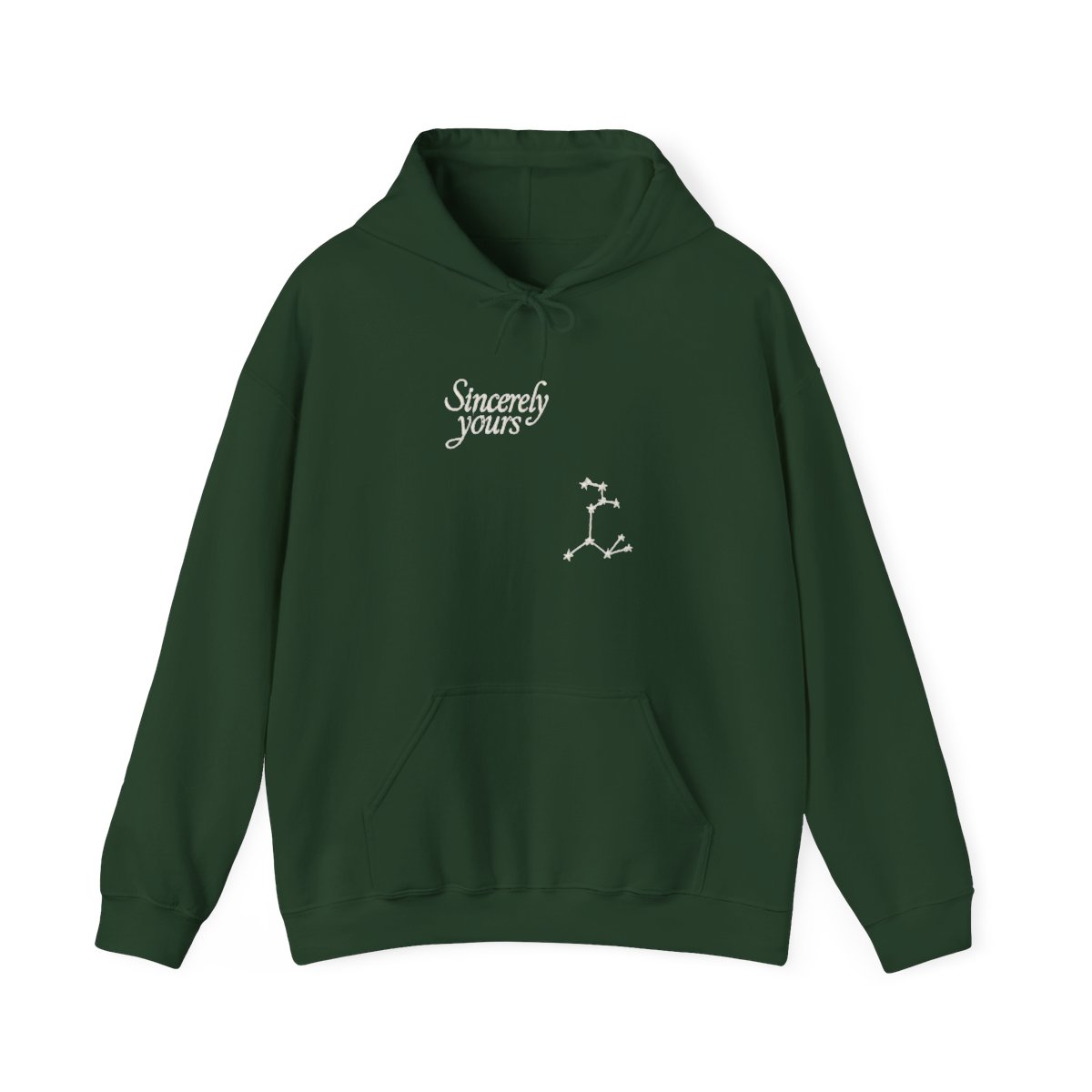 A pale blue hoodie with a front pocket and a hood. The text "Sincerely yours" is printed on the front. A constellation design is on the left sleeve - alternate angle 5, merchandise