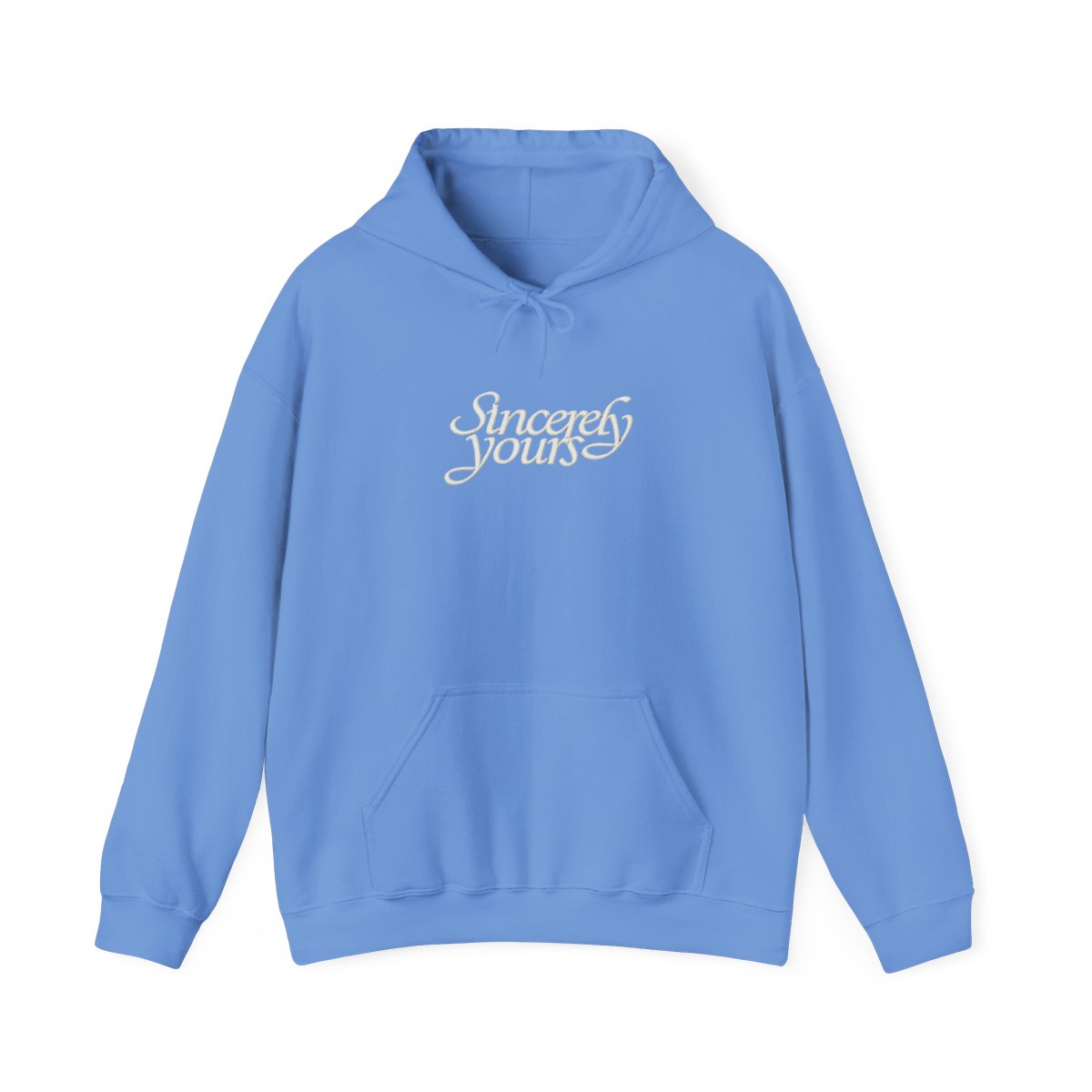 Black hooded Hoodie with the text "Sincerely yours" in a cursive font across the chest. The Hoodie has a kangaroo pocket and drawstrings. Small details are on the sleeves - alternate angle 4, merchandise
