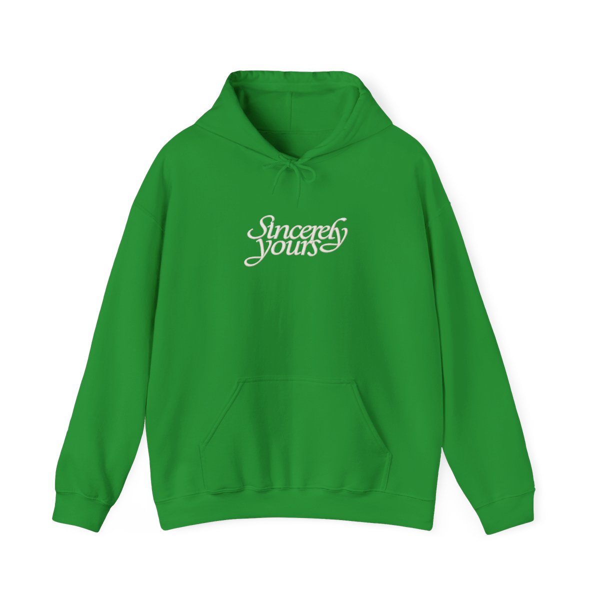 Black hooded Hoodie with the text "Sincerely yours" in a cursive font across the chest. The Hoodie has a kangaroo pocket and drawstrings. Small details are on the sleeves - alternate angle 2, merchandise