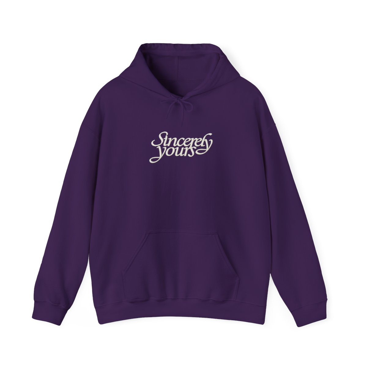 Black hooded Hoodie with the text "Sincerely yours" in a cursive font across the chest. The Hoodie has a kangaroo pocket and drawstrings. Small details are on the sleeves - alternate angle 3, merchandise