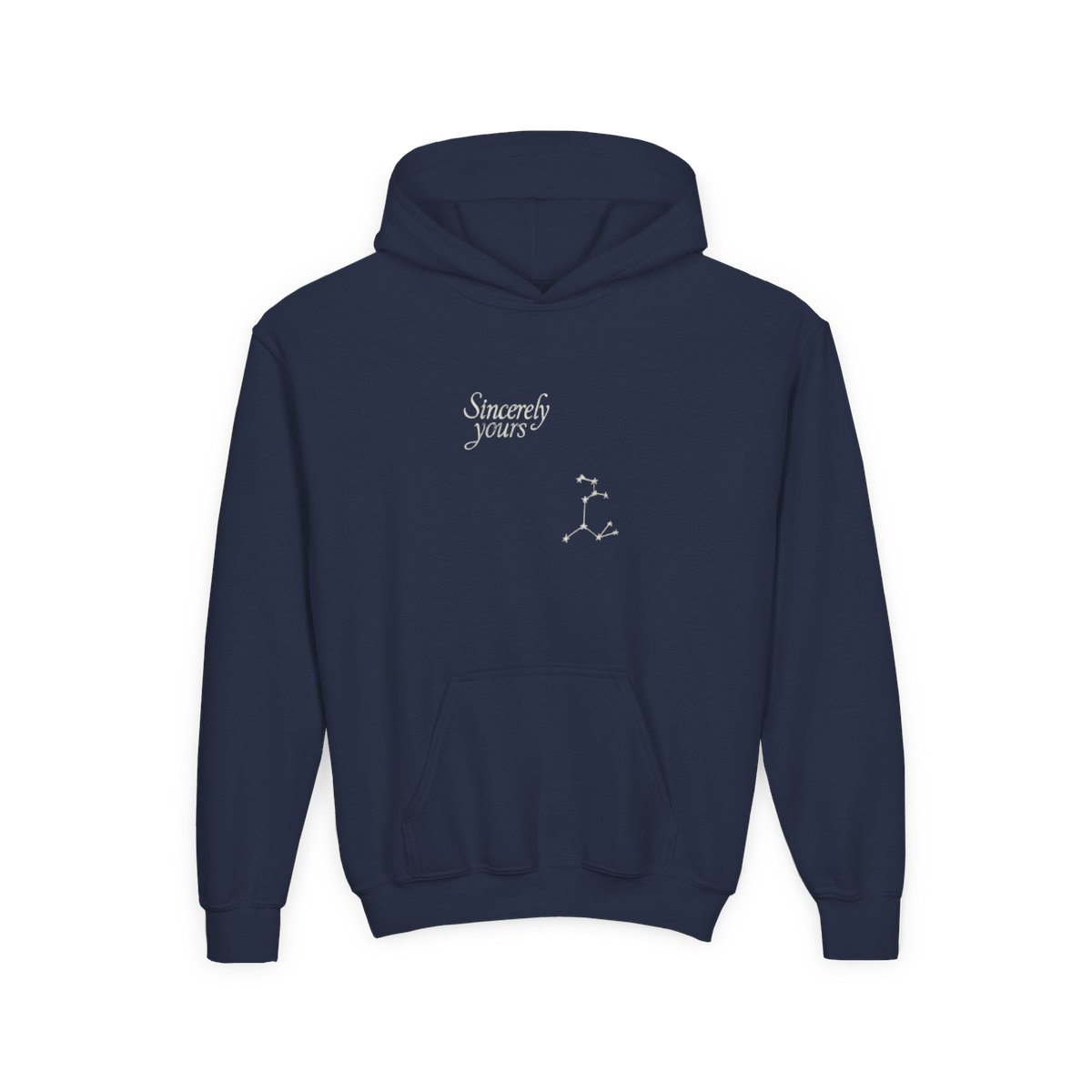 A pale blue hoodie with a front pocket and a hood. The text "Sincerely yours" is printed on the front. A constellation design is on the left sleeve (Kids) - alternate angle 4, merchandise