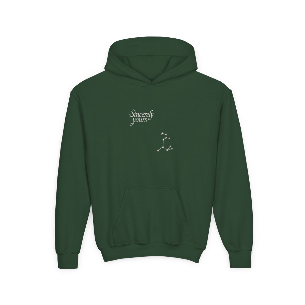 A pale blue hoodie with a front pocket and a hood. The text "Sincerely yours" is printed on the front. A constellation design is on the left sleeve (Kids) - alternate angle 3, merchandise