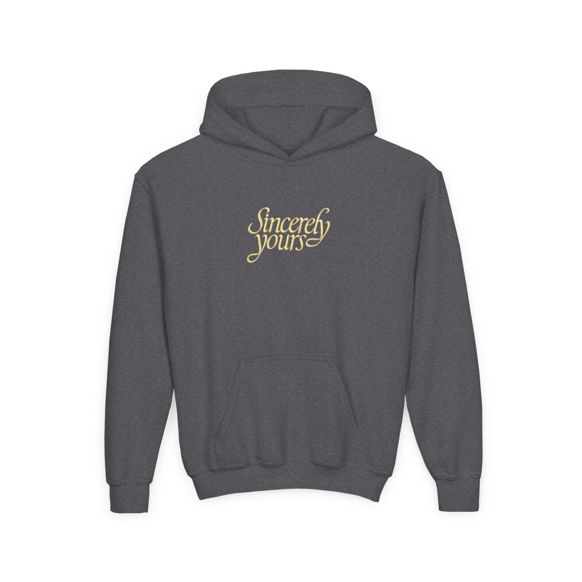 A light gray hoodie with a kangaroo pocket and a hood. The words "Sincerely yours" are in a cursive, yellow font across the chest. The hoodie is made of a soft material (Kids) - alternate angle 2, merchandise