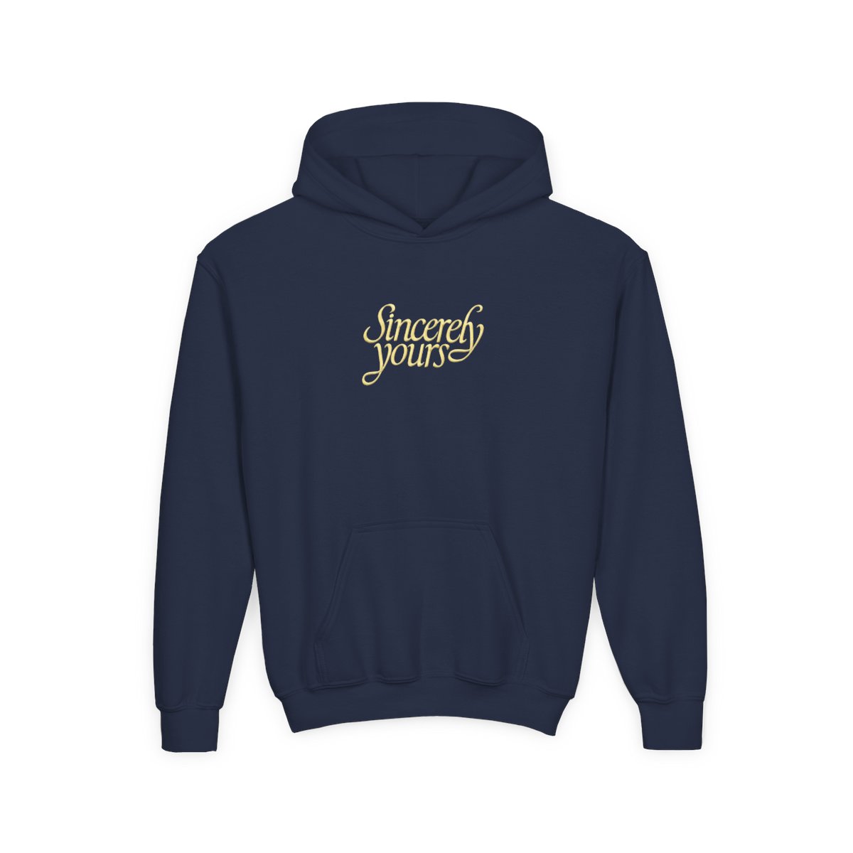 A light gray hoodie with a kangaroo pocket and a hood. The words "Sincerely yours" are in a cursive, yellow font across the chest. The hoodie is made of a soft material (Kids)