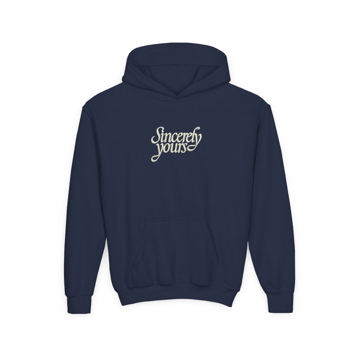 A light green hoodie with a kangaroo pocket and a drawstring hood. The phrase "Sincerely yours" is in a cursive font across the chest. The hoodie is made of a soft material (Kids)