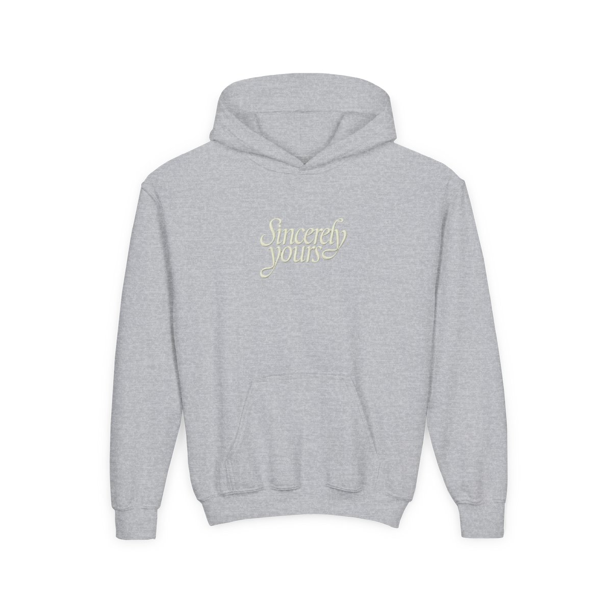 A light green hoodie with a kangaroo pocket and a drawstring hood. The phrase "Sincerely yours" is in a cursive font across the chest. The hoodie is made of a soft material (Kids) - alternate angle 3, merchandise