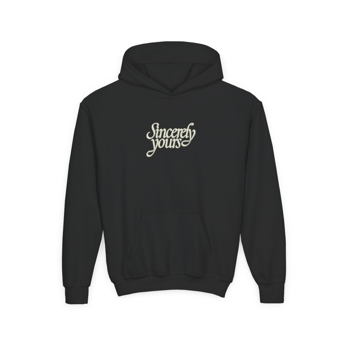A light green hoodie with a kangaroo pocket and a drawstring hood. The phrase "Sincerely yours" is in a cursive font across the chest. The hoodie is made of a soft material (Kids) - Official Hoodies merchandise