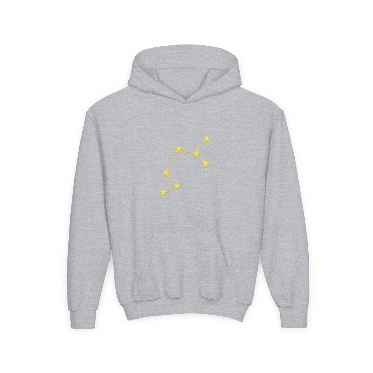A light green hoodie with a yellow embroidered constellation design on the left sleeve. The hoodie has a ribbed cuff and a relaxed fit. The person is wearing dark gray pants. (Kids) - alternate angle 3, merchandise
